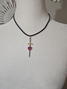 Unbranded Black Cord Necklace with Red Heart Sword Pendant